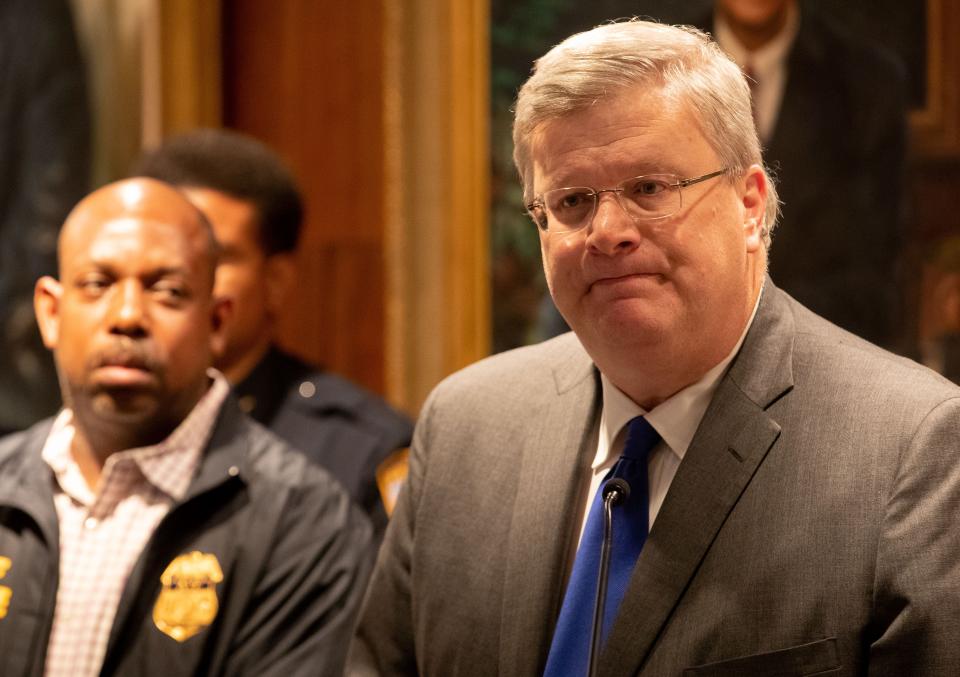 Memphis Mayor Jim Strickland speaks during a press conference early Thursday, Sept. 8, 2022, after 19-year-old Ezekiel Dejuan Kelly is alleged by MPD to be responsible for several shootings in Memphis. The shootings on Wednesday ended with seven people shot, at least four of the seven dead. 