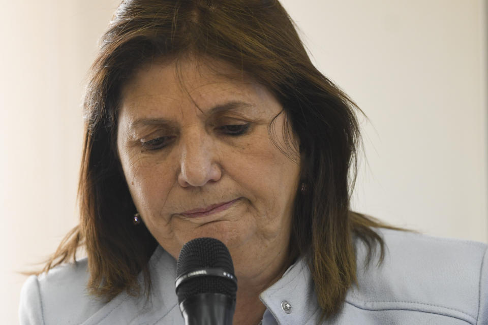 Former presidential candidate Patricia Bullrich, who placed third in the previous weekend's elections, gives a press conference in Buenos Aires, Argentina, Wednesday, Oct. 25, 2023. (AP Photo/Gustavo Garello)