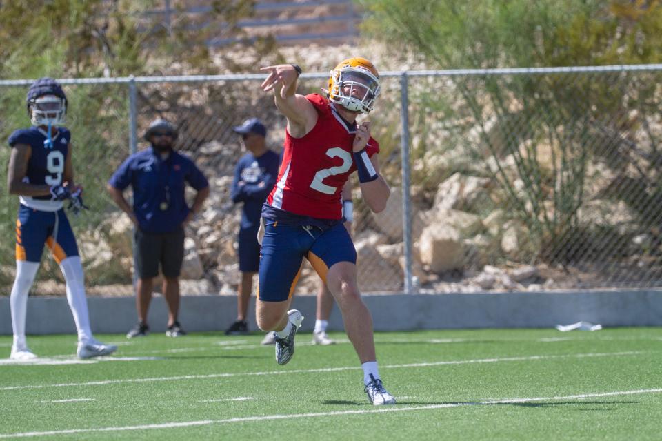 UTEP Quarterback Gavin Hardison throws to the right side of the field during the first practice before the 2023 season at Glory Field on July 27, 2023