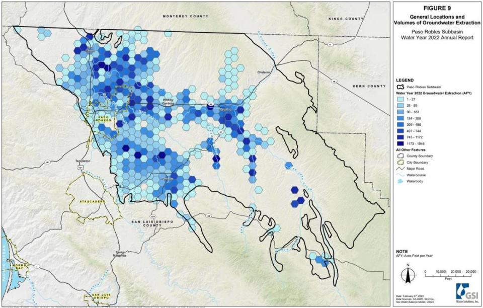 This map shows in darker blue where the most groundwater pumping occurs on the Paso Robles groundwater basin.