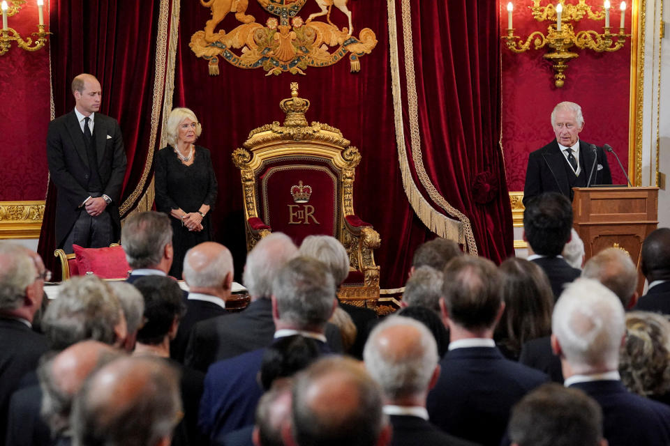 Britain's William, Prince of Wales and Queen Camilla listen as King Charles III speaks during the Accession Council at St James's Palace, where he is formally proclaimed Britain's new monarch, following the death of Queen Elizabeth II, in London, Britain September 10, 2022.  Jonathan Brady/Pool via REUTERS     TPX IMAGES OF THE DAY