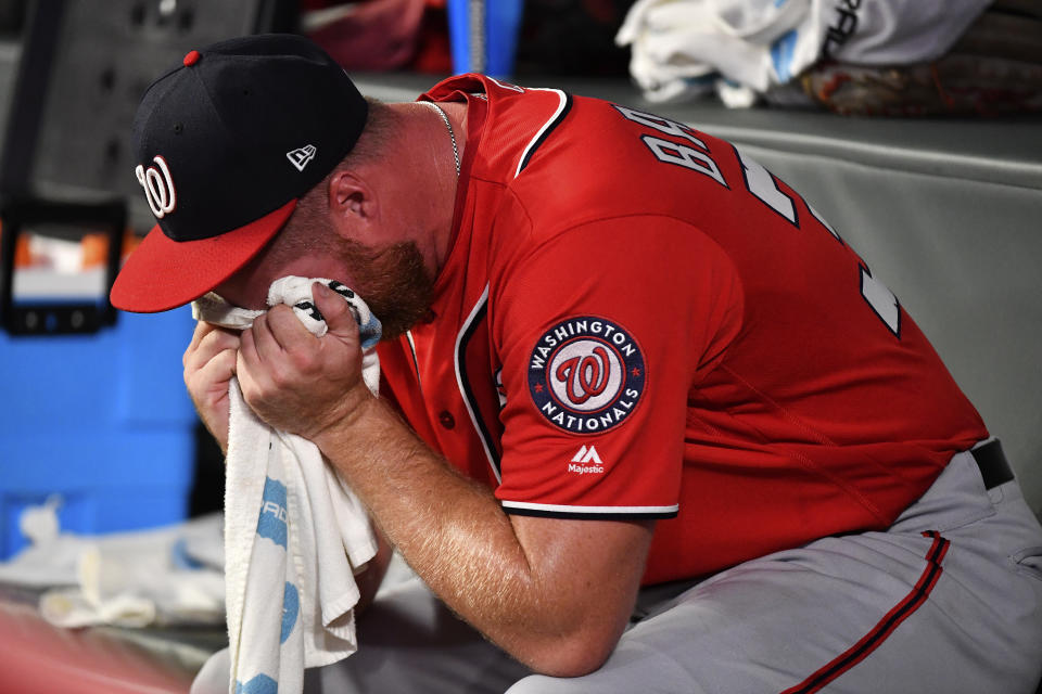 Washington Nationals reliever Aaron Barrett sheds a few tears after making his emotional return to MLB.  (Photo by Logan Riely/Getty Images)