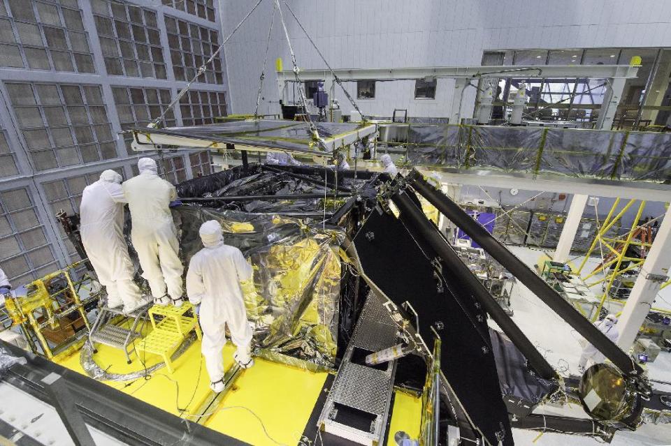 The James Webb Space Telescope inside the clean room at NASA's Goddard Space Flight Center, during a procedure to install the science instrument package.