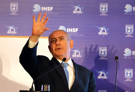 Israeli Prime Minister Benjamin Netanyahu gestures as he speaks during the International Homeland Security Forum conference in Jerusalem, June 14, 2018. REUTERS/Ammar Awad