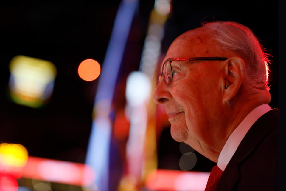Former Portland Trail Blazers play-by-play announcer Bill Schonely looks on before a game against the Utah Jazz at Moda Center April 10, 2022, in Portland.