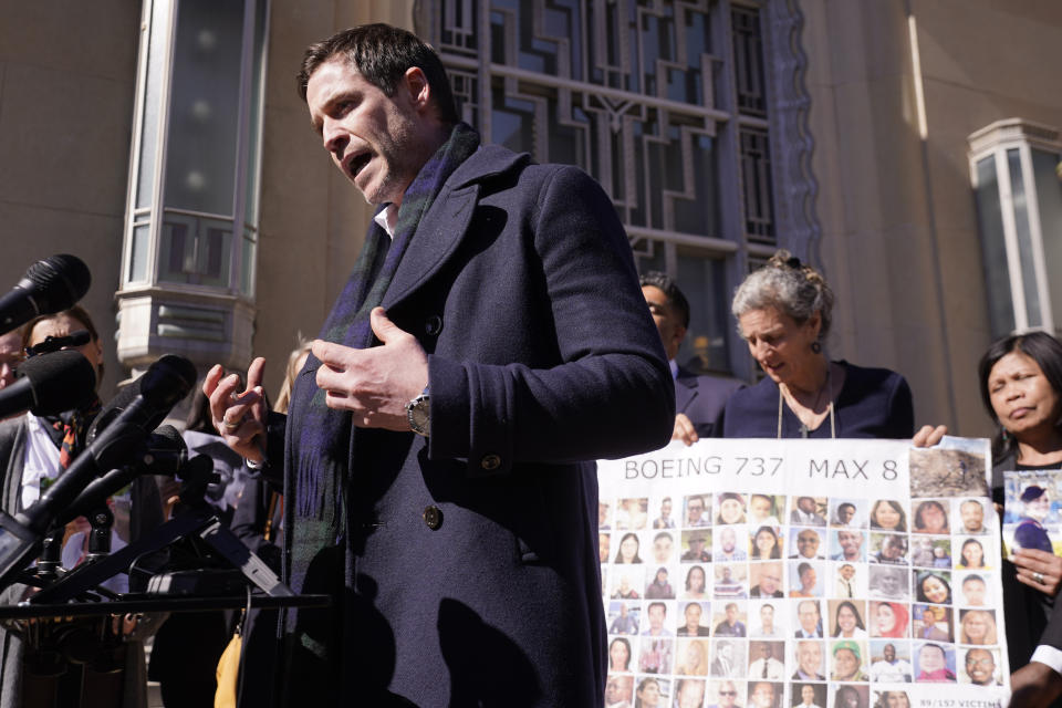 Paul Kieran, of Ireland, speaks to the media about his partner Joanna Toole, who was killed in the 2019 crash of Ethiopian Airlines 737 Max aircraft, after a federal court hearing in Fort Worth, Texas, Thursday, Jan. 26, 2023. (AP Photo/LM Otero)