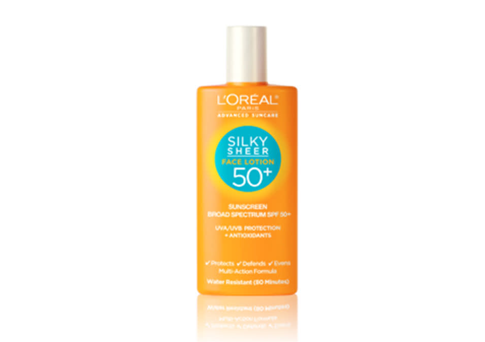 <p>L’Oreal Advanced Suncare, $11, <a rel="nofollow noopener" href="http://www.lorealparisusa.com/en/products/skin-care/suncare/advanced-suncare-silky-sheer-face-lotion-50.aspx%20" target="_blank" data-ylk="slk:lorealparisusa.com;elm:context_link;itc:0;sec:content-canvas" class="link ">lorealparisusa.com</a></p>