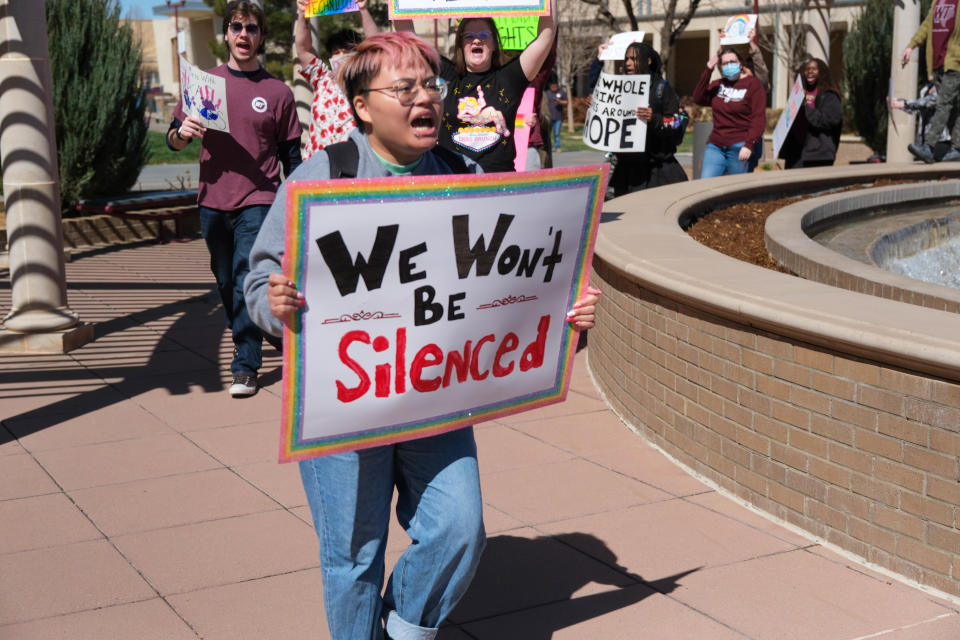 More than 50 students protested Tuesday due to the WT president's cancellation of an on-campus drag show in Canyon.