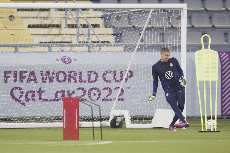 United States goal keeper Ethan Horvath participates in an official training session at Al-Gharafa SC Stadium, in Doha, Saturday, Nov. 19, 2022. (AP Photo/Ashley Landis)