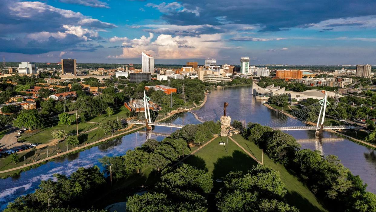 drone aerial view of downtown wichita skyline, kansas