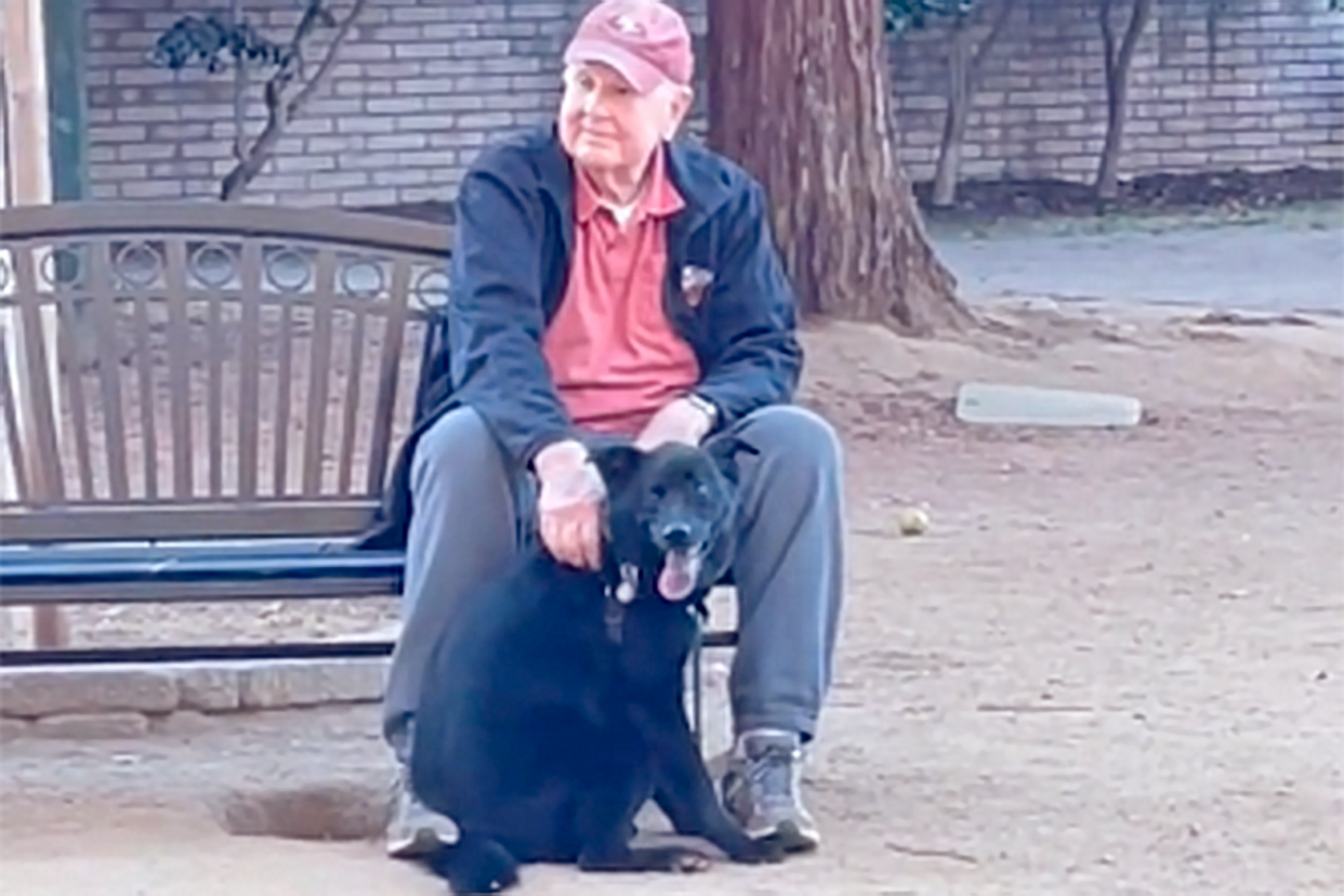 owner finds dog at dog park being loved by an elderly gentleman
