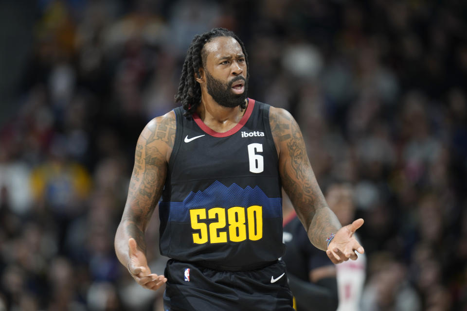 Denver Nuggets center DeAndre Jordan reacts after being called for a foul against the Detroit Pistons in the second half of an NBA basketball game Sunday, Jan. 7, 2024, in Denver. (AP Photo/David Zalubowski)