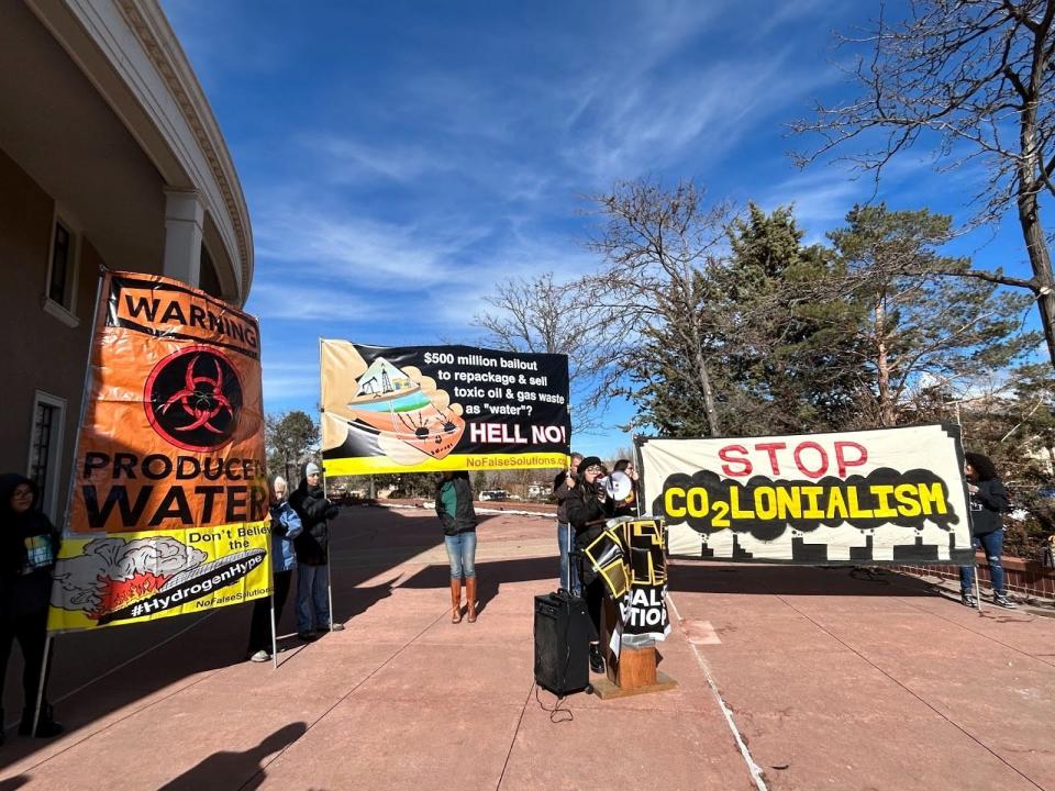 Activists protest a plan by the State of New Mexico to reuse oil and gas wastewater, Jan. 23, 2024 at the New Mexico Capitol in Santa Fe.