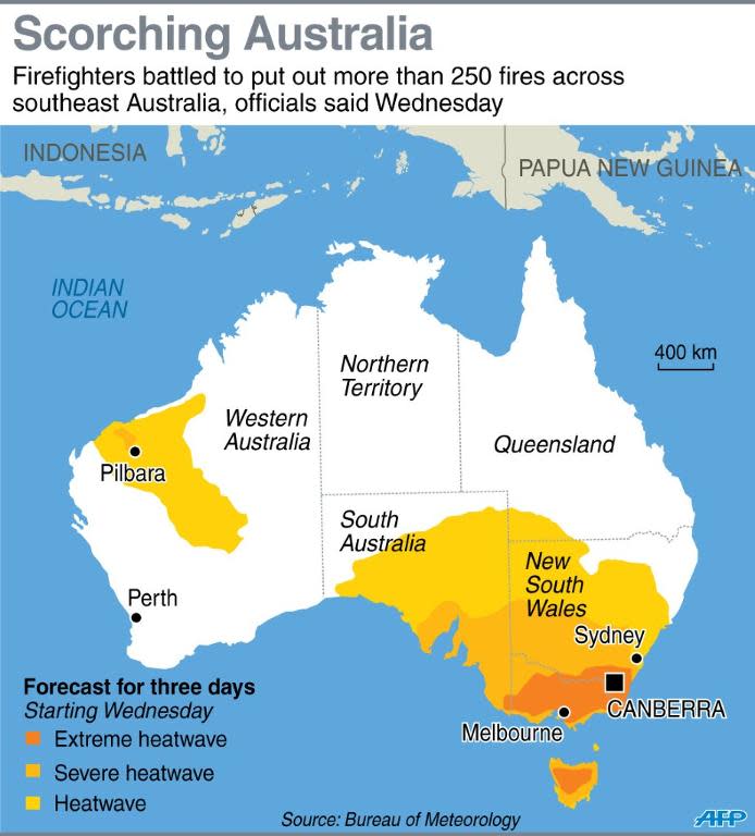 Map showing heatwave forecast for Australia for January 15-17