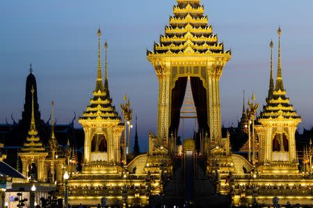The Royal Crematorium site for the late King Bhumibol Adulyadej is seen near the Grand Palace in Bangkok, Thailand October 20, 2017. Picture taken October 20, 2017. REUTERS/Athit Perawongmetha