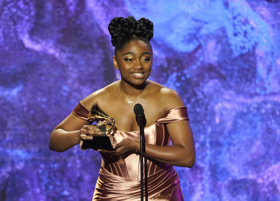 Samara Joy accepts the award for best jazz vocal album for "Linger Awhile" at the 65th annual Grammy Awards on Sunday, Feb. 5, 2023, in Los Angeles. (AP Photo/Chris Pizzello)