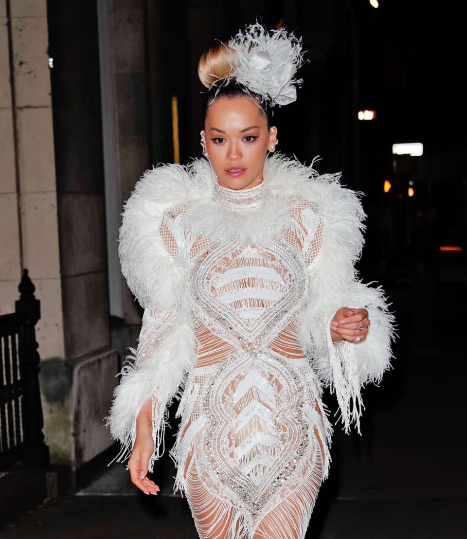 Rita Ora wears a fancy white dress for the Clive Davis Grammy Party in New York. Source: Splash