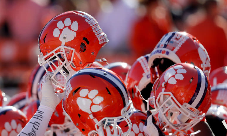 View of helmets of the Clemson football team.