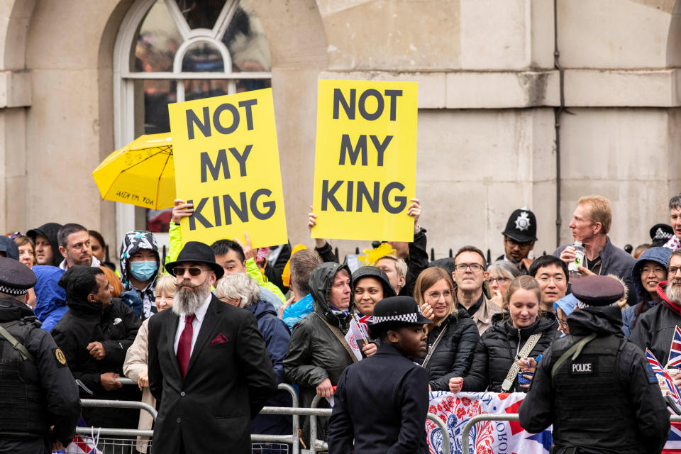 Republicans and anti monarchist's protest in the crowd at Whitehall on the day of Britain's King Charles and Queen Camilla's coronation ceremony, in London, Britain May 6, 2023.  Antonio Olmos/Pool via REUTERS