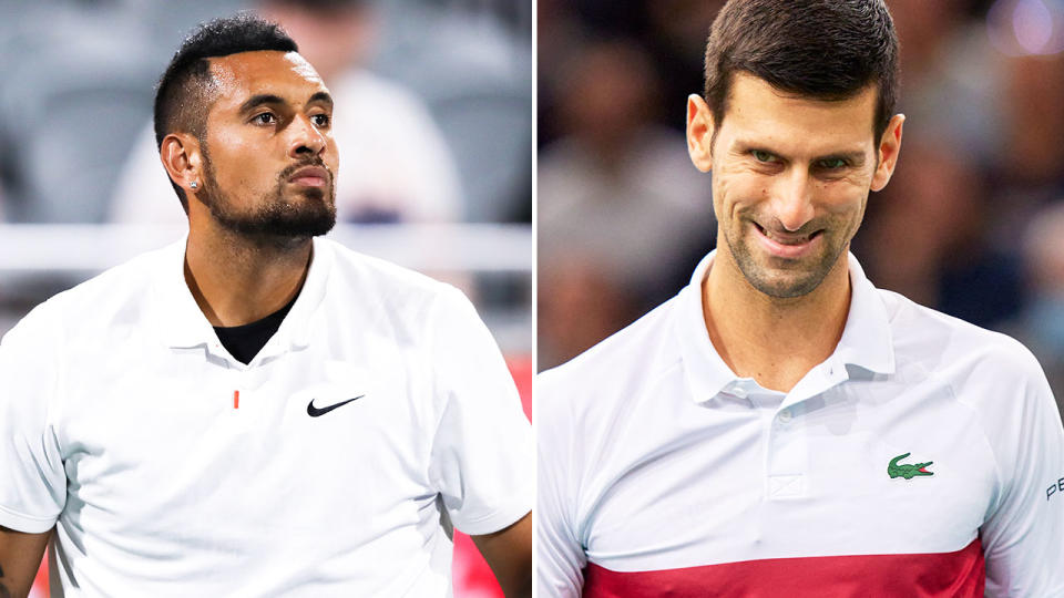 Pictured here, Nick Kyrgios and tennis rival Novak Djokovic, from left to right.