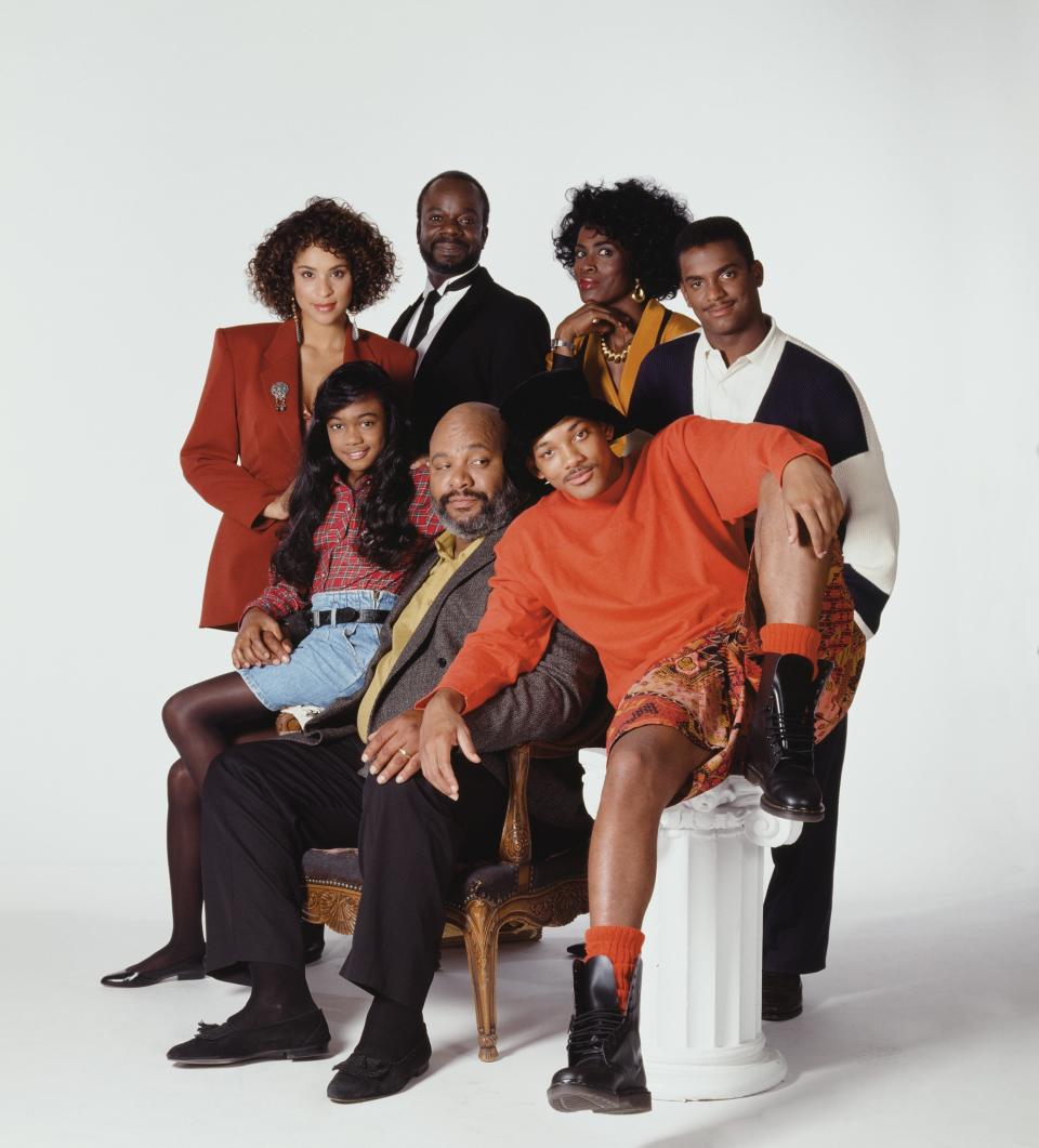 THE FRESH PRINCE OF BEL-AIR -- Season 2 -- Pictured: (back row l-r) Karyn Parsons as Hilary Banks, Joseph Marcell as Geoffrey, Janet Hubert as Vivian Banks, Alfonso Ribeiro as Carlton Banks (front row l-r) Tatyana Ali as Ashley Banks, James Avery as Philip Banks, Will Smith as William'Will' Smith -- Photo by: Paul Drinkwater/NBCU Photo Bank