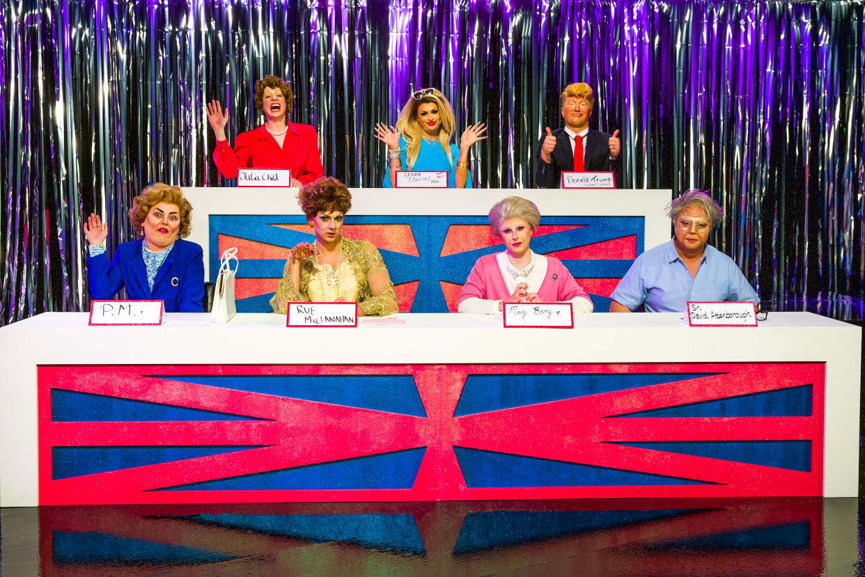 The queens on RuPaul’s Drag Race UK taking part in the Snatch Game during the first series (BBC/Guy Levy/PA)