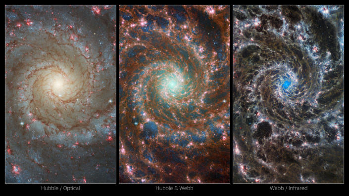 A la izquierda, vista de la galaxia por el Telescopio Espacial Hubble.  A la derecha, la imagen del telescopio espacial James Webb es sorprendentemente diferente.  La imagen combinada en el centro fusiona estos dos juntos para una apariencia que es verdaderamente única para este 