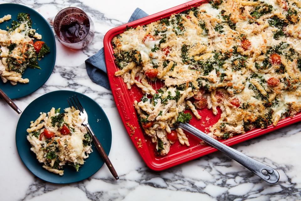 Sheet-Pan Pasta Bake with Chicken and Kale