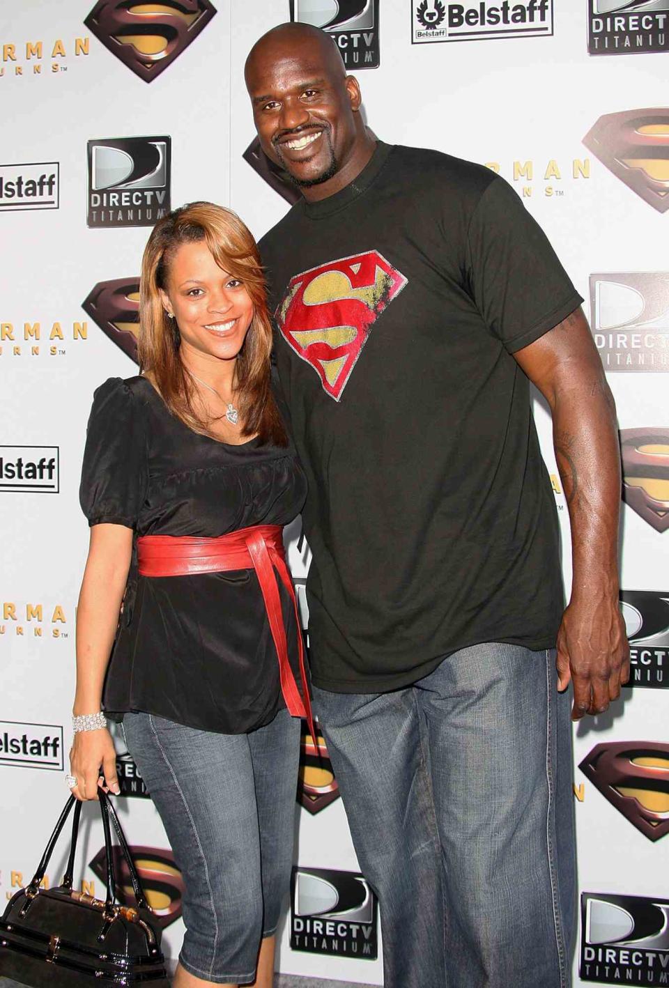 Shaquille O'Neal and wife Shaunie Nelson arrives at the Warner Bros. premiere of "Superman Returns" held at the Mann Village Theater on June 21, 2006 in Westwood, California