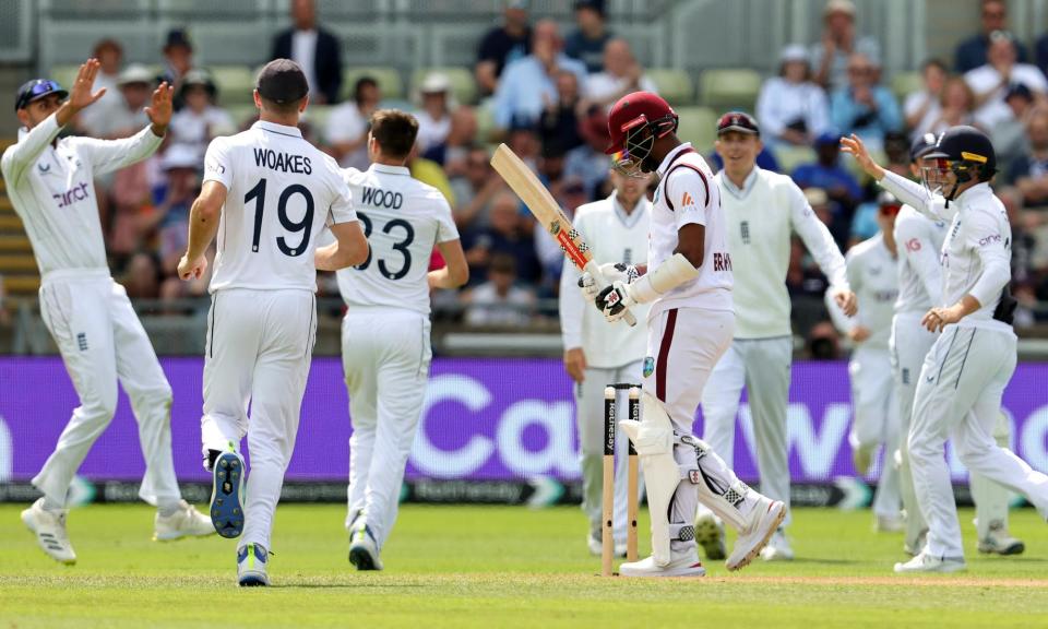 <span>Kraigg Brathwaite departs after being caught behind off Mark Wood.</span><span>Photograph: David Rogers/Getty Images</span>