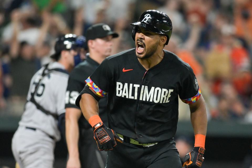 Orioles outfielder Anthony Santander reacts after hitting a walk-off homer against the Yankees in July.