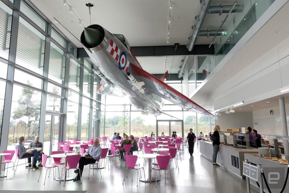 Dyson's latest technology center, D9, is located right next to Lightning Cafe, where employees get to enjoy their meals while sitting beneath this legendary aircraft.