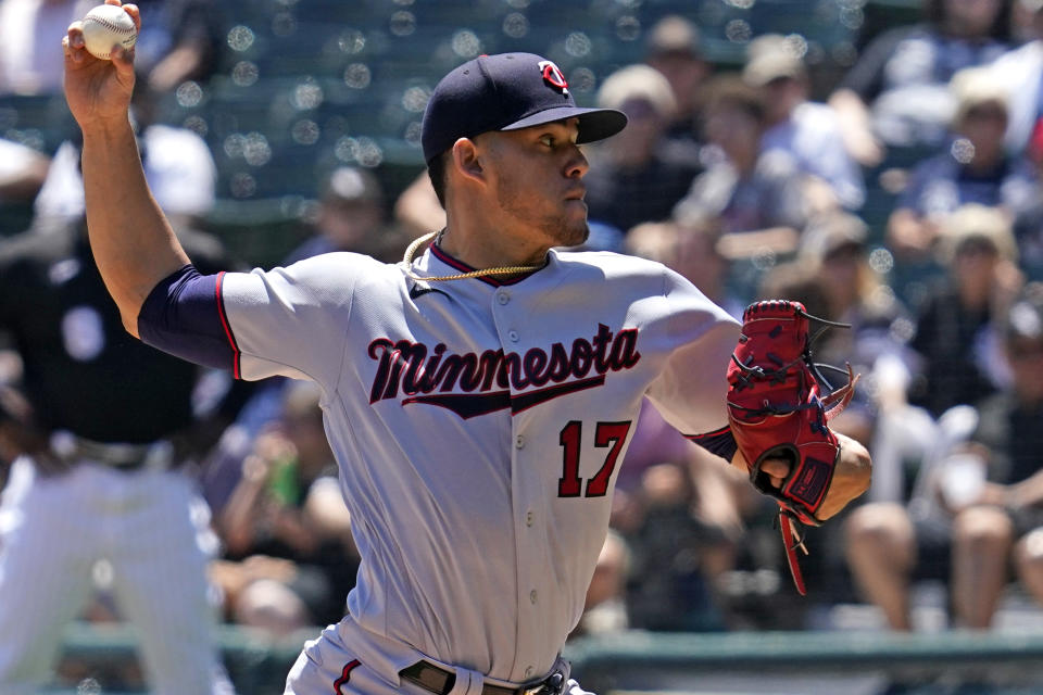 Minnesota Twins starting pitcher Jose Berrios throws against the Chicago White Sox during the first inning of a baseball game in Chicago, Thursday, July 1, 2021. (AP Photo/Nam Y. Huh)