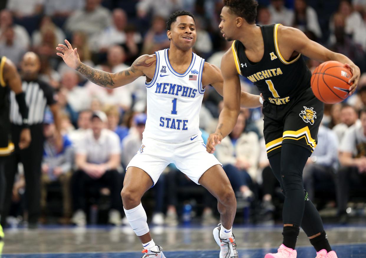 Memphis Tigers guard Tyler Harris plays defense against Wichita State guard Tyson Etienne during their game at the FedExForum on Thursday, March 5, 2020. 