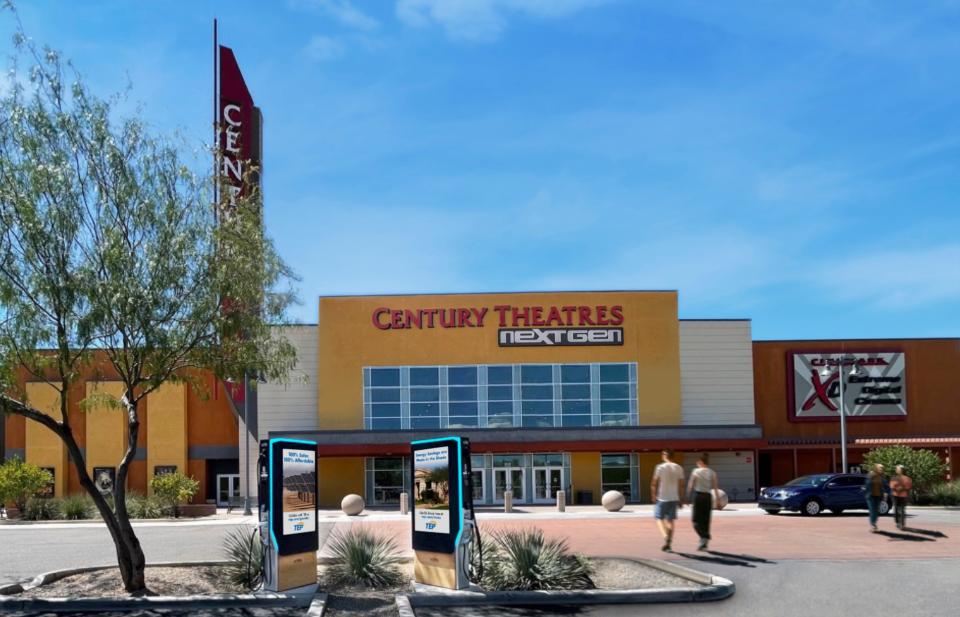 Two electric vehicle chargers in front of southern Tucson's Century Theatrers