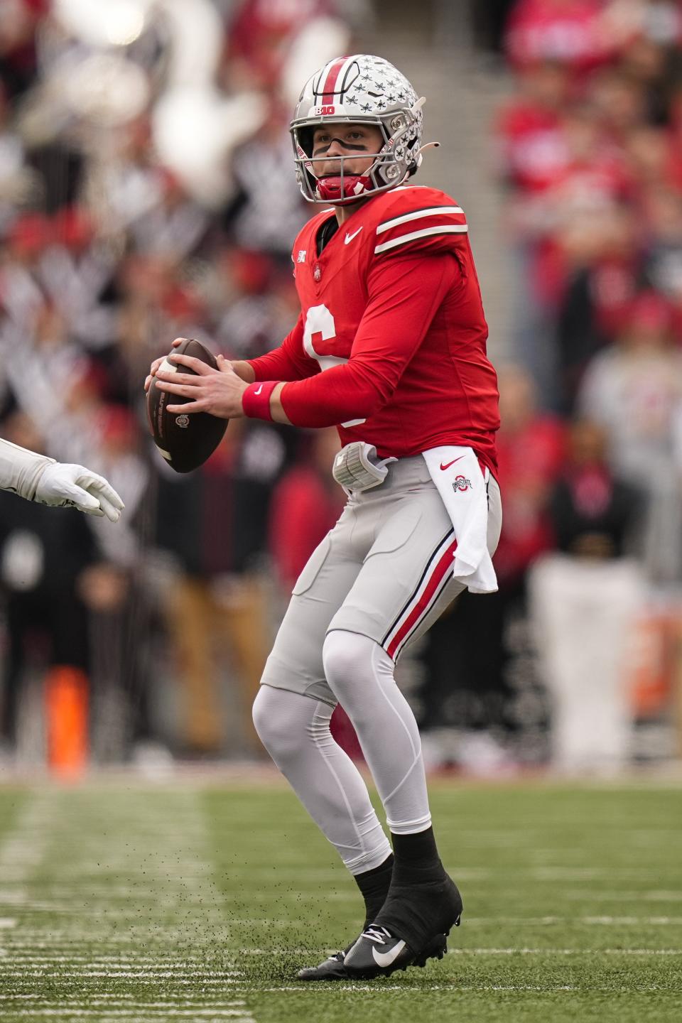 Oct 21, 2023; Columbus, Ohio, USA; Ohio State Buckeyes quarterback Kyle McCord (6) drops back to pass during the NCAA football game against the Penn State Nittany Lions at Ohio Stadium.
