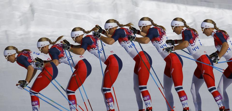 Norway's Astrid Uhrenholdt Jacobsen skis in the women's cross-country 10km classic event at the 2014 Sochi Winter Olympics February 13, 2014. Picture taken with multiple exposure function. REUTERS/Kai Pfaffenbach