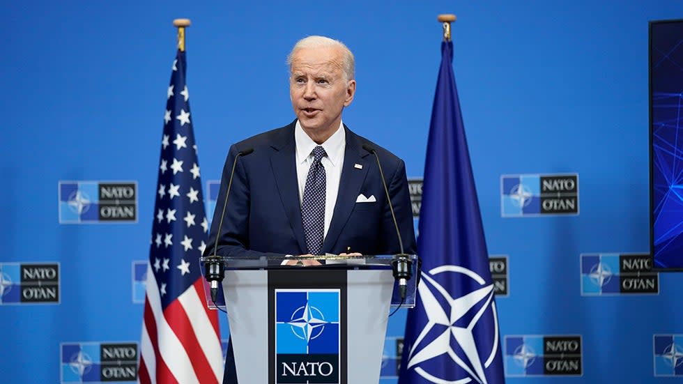 President Biden speaks during a news conference after a NATO summit 