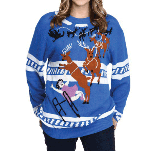 Grandma got run over by a reindeer… and ended up on this extremely depressing sweater! Maybe don’t wear this one around your elders.
