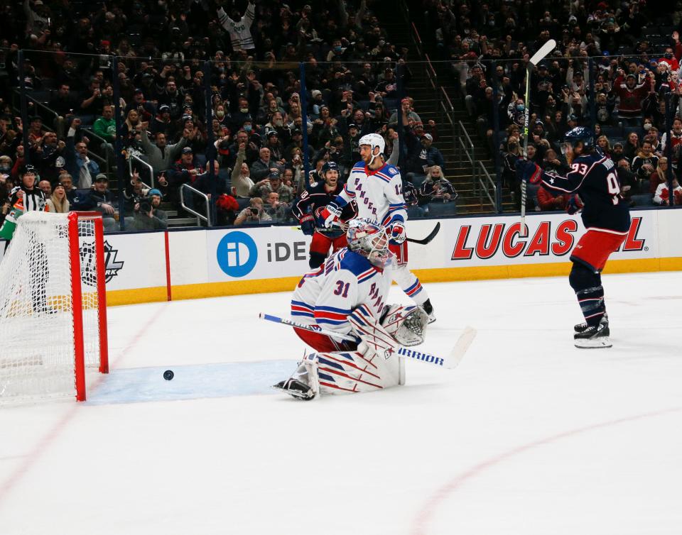 Columbus Blue Jackets right wing Jakub Voracek (93) celebrates his goal as the puck bounces out of the net during the NHL game at Nationwide Arena in Columbus, Ohio, on Saturday, Nov. 13, 2021.