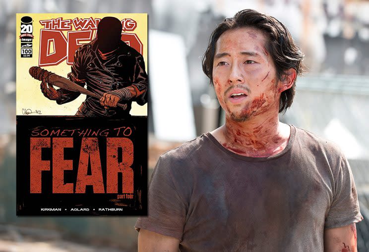 The Walking Dead issu #100 and Steven Yeun as Glenn on AMC's The Walking Dead. (Photo Credit: Image Comics/AMC)