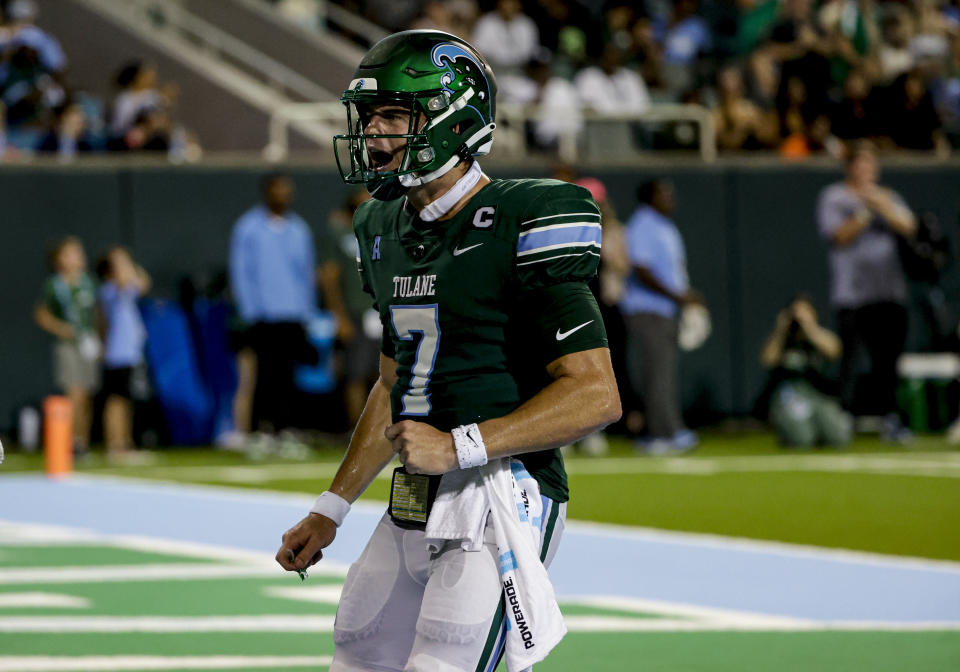 Tulane quarterback Michael Pratt (7) celebrates after a touchdown pass against the South Alabama during the second quarter of an NCAA college football game in New Orleans, Saturday, Sept. 2, 2023. (AP Photo/Derick Hingle)