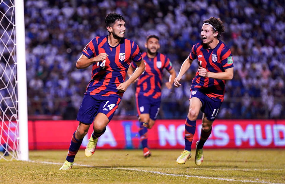 SAN PEDRO SULA, HONDURAS - SEPTEMBER 8: Ricardo Pepi #14 of the United States celebrates after scoring a goal against Honduras during a 2022 FIFA World Cup qualifying game at Estadio Olímpico Metropolitano on September 8, 2021 in San Pedro Sula, Honduras. (Photo by Brad Smith/ISI Photos/Getty Images)