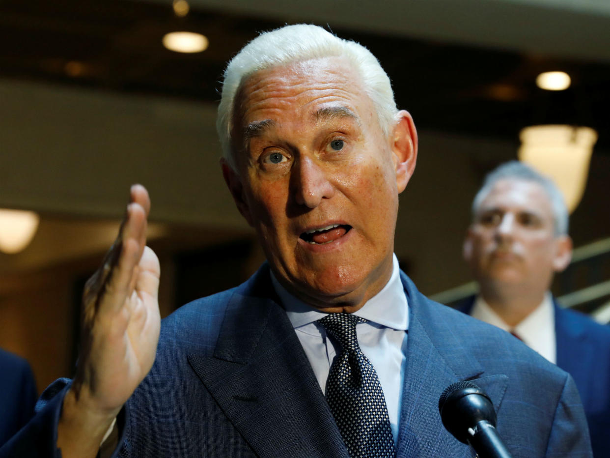 Roger Stone speaks to reporters after appearing before a closed House Intelligence Committee hearing investigating Russian interference in the 2016 presidential election: REUTERS/Kevin Lamarque