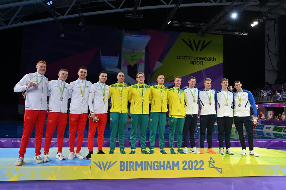 England, Australia and Scotland, pictured here with their medals after the men's 4x200m freestyle relay at the Commonwealth Games.