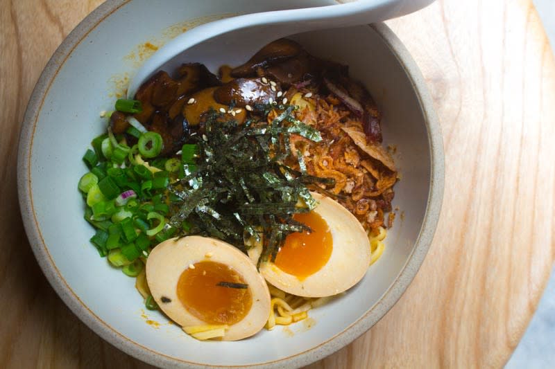 A bowl of Miso Mushroom Noodles