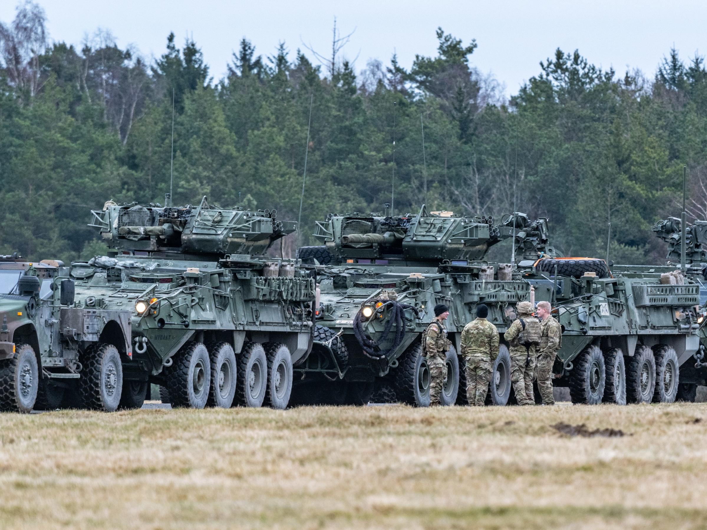 A series of Stryker armored vehicles.