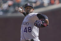 Colorado Rockies pitcher German Marquez (48) throws against the San Francisco Giants during the second inning of a baseball game in San Francisco, Sunday, April 11, 2021. (AP Photo/Jeff Chiu)