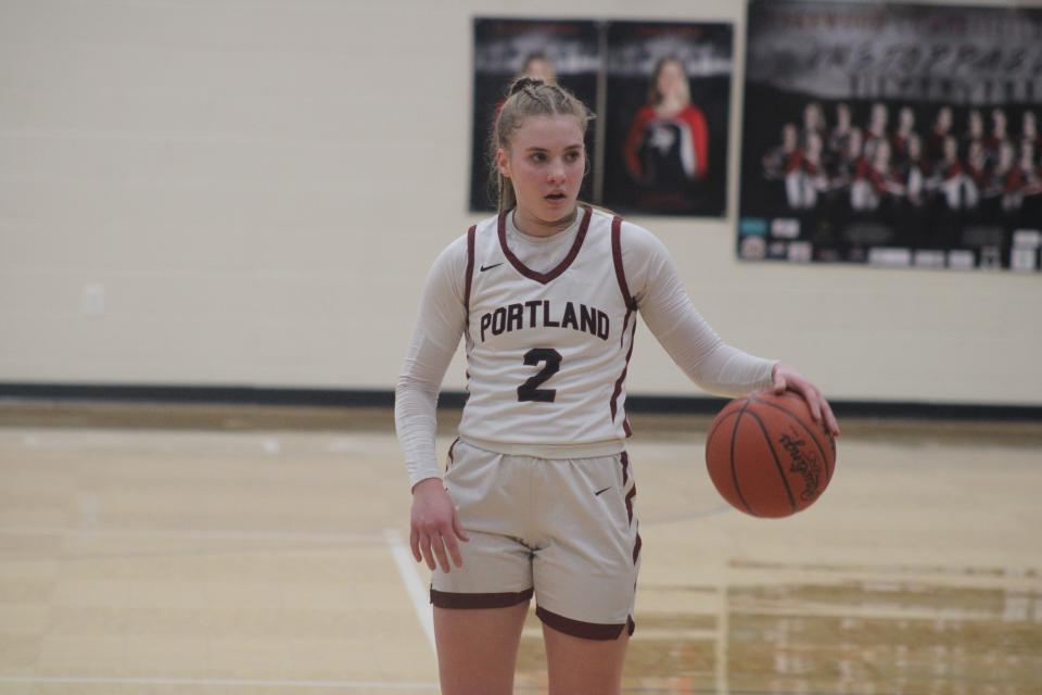 Portland junior guard Malia Thelen dribbles during a MHSAA Division 2 district championship game against Ionia on Friday, March 3, at Lakewood High School. Portland won the game, 45-26, to win its fourth consecutive district title.