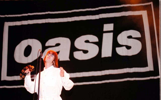 Liam Gallagher of Oasis in concert on stage at Knebworth House